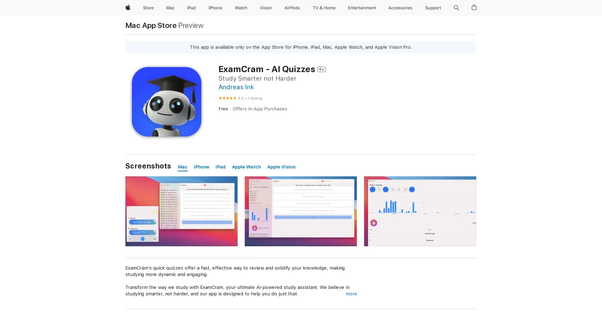 ExamCram - AI Quizzes homepage screenshot — AI assistance for student exams.
