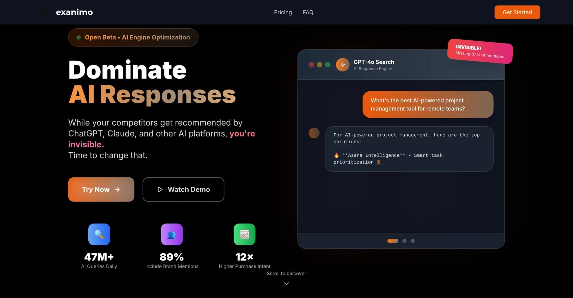 Exanimo.ai homepage screenshot — Dominate AI responses and boost brand visibility in LLMs.