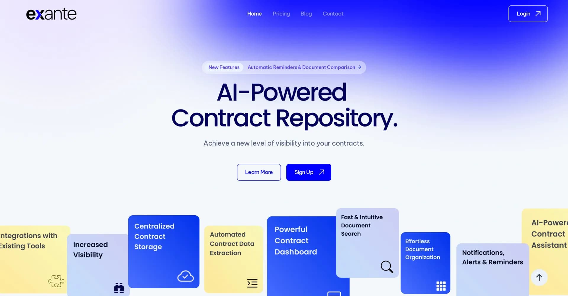 Exante homepage screenshot — Convert customer contracts into cash faster with AI-driven a