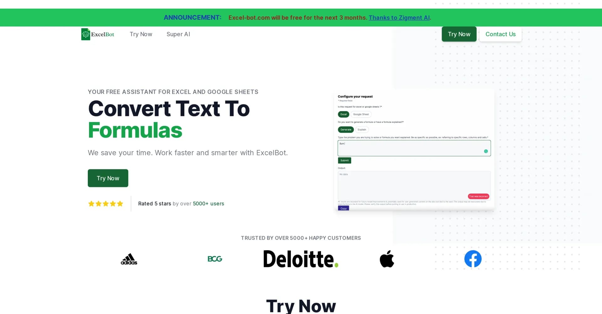 Excel Bot AI assistant homepage screenshot — Your free AI assistant for Excel formulas