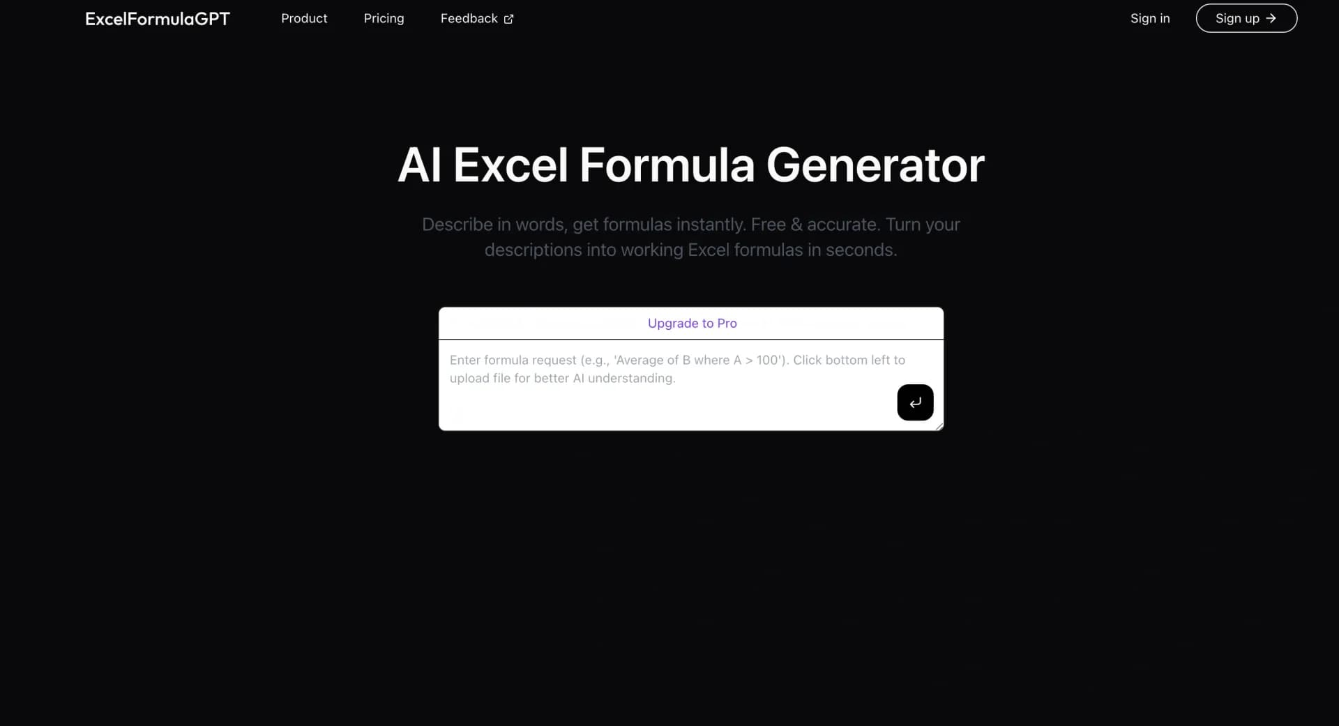 Excel Formula GPT homepage screenshot — Turn words into Excel formulas instantly.