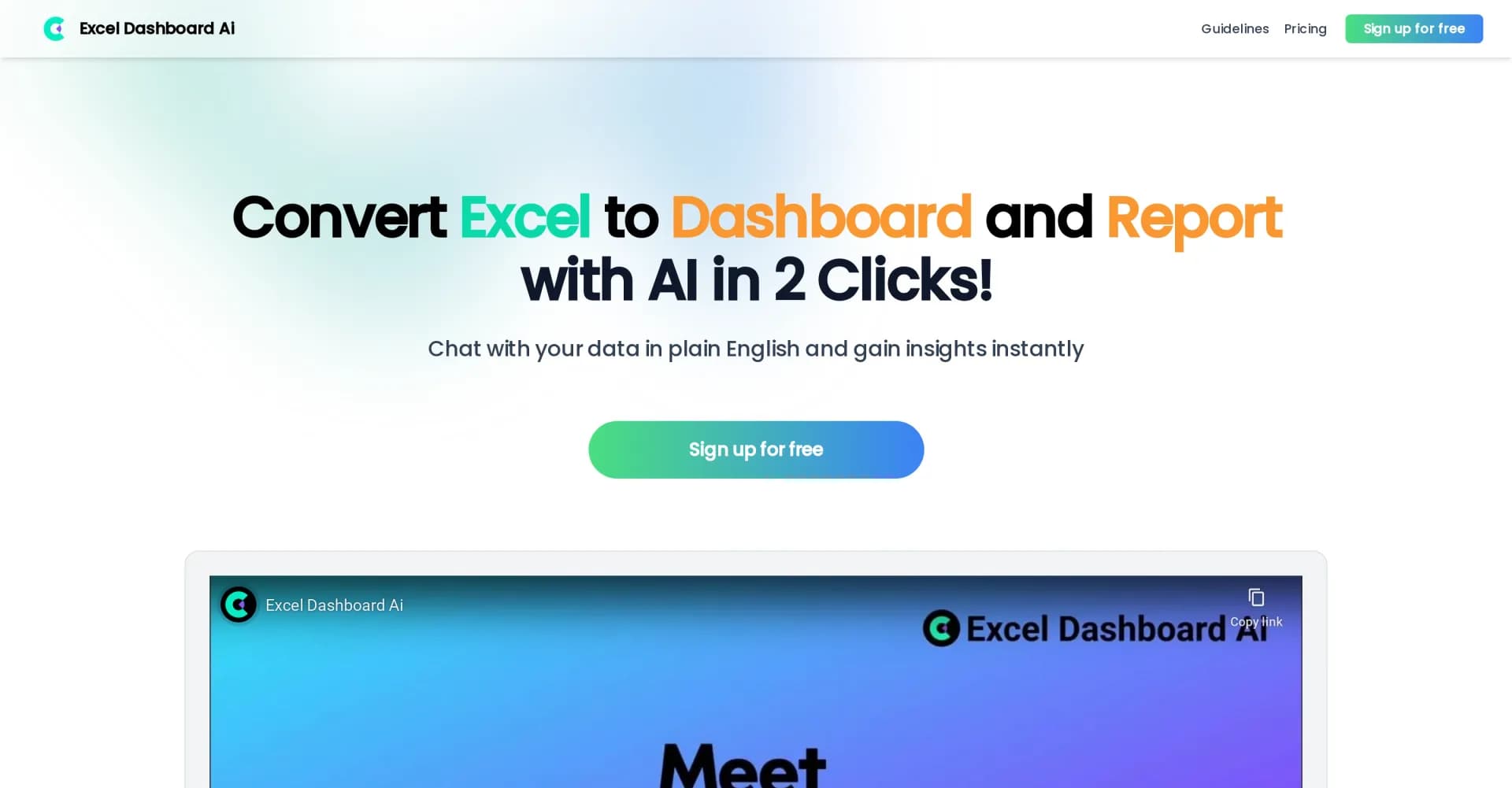 ExcelDashboard AI homepage screenshot — Transform Excel files into instant dashboards.