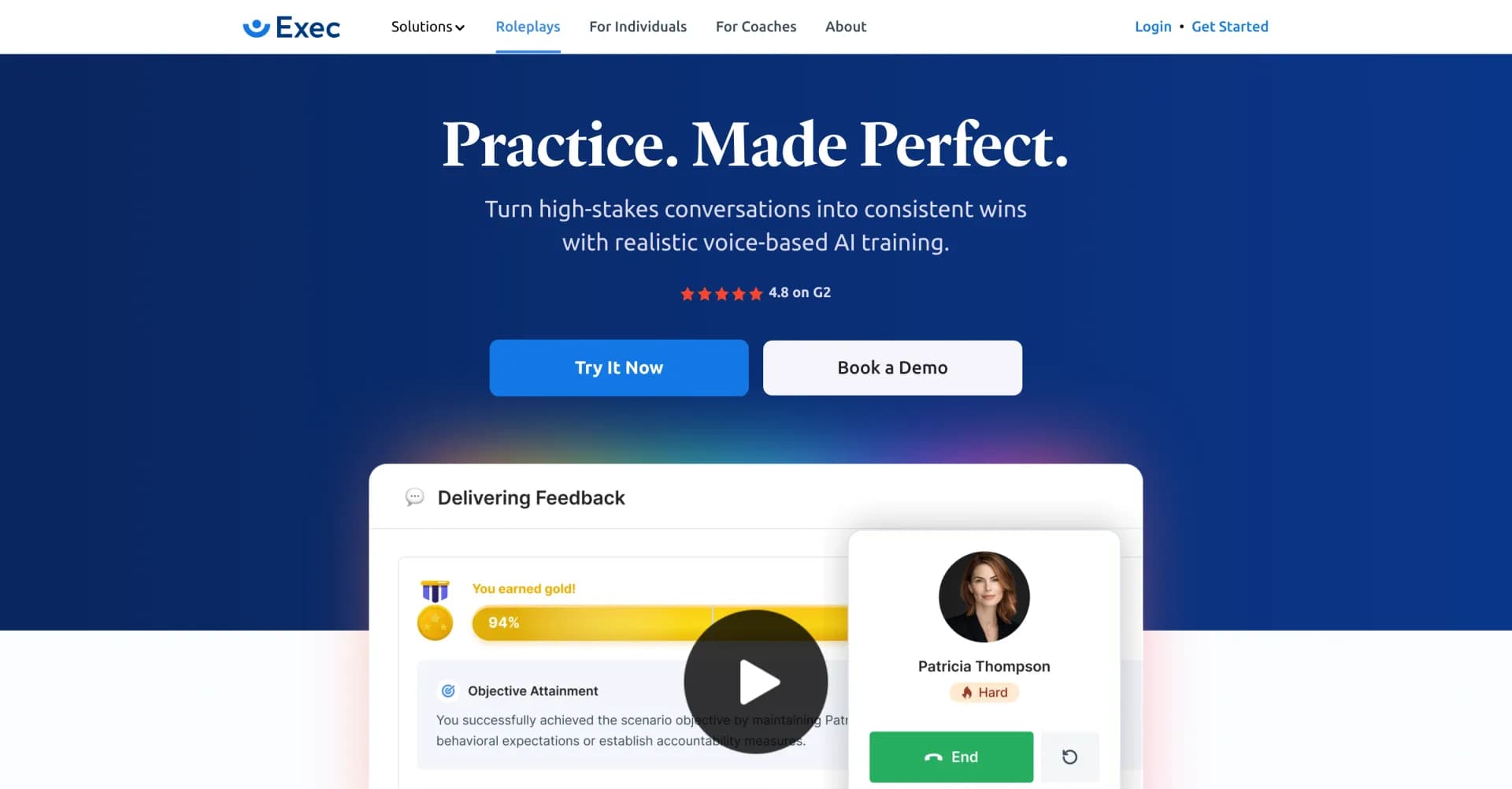 Exec - AI Roleplays homepage screenshot — Practice high-stakes conversations with AI voice training.