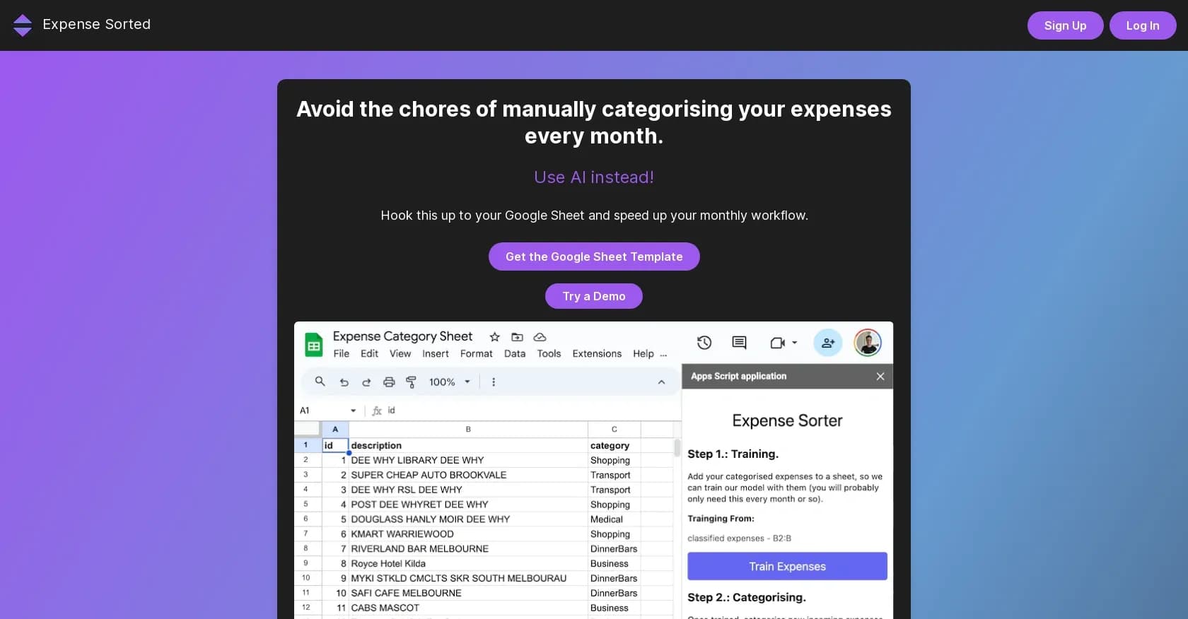 Expense Sorted homepage screenshot — Automate expense categorization with AI
