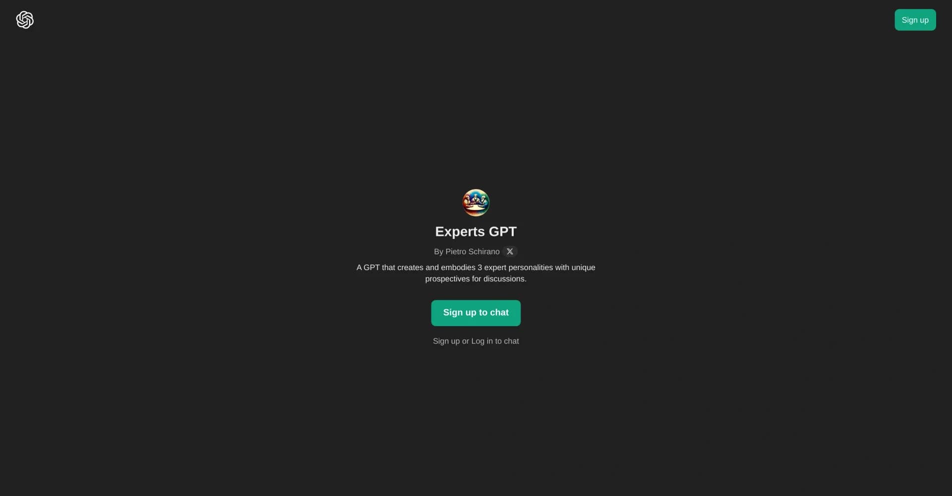 Experts GPT homepage screenshot — Embody 3 expert personas for diverse discussions.