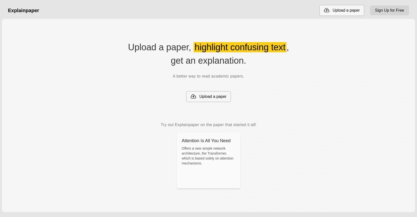 Explainpaper homepage screenshot — Demystify academic papers with AI-powered explanations.
