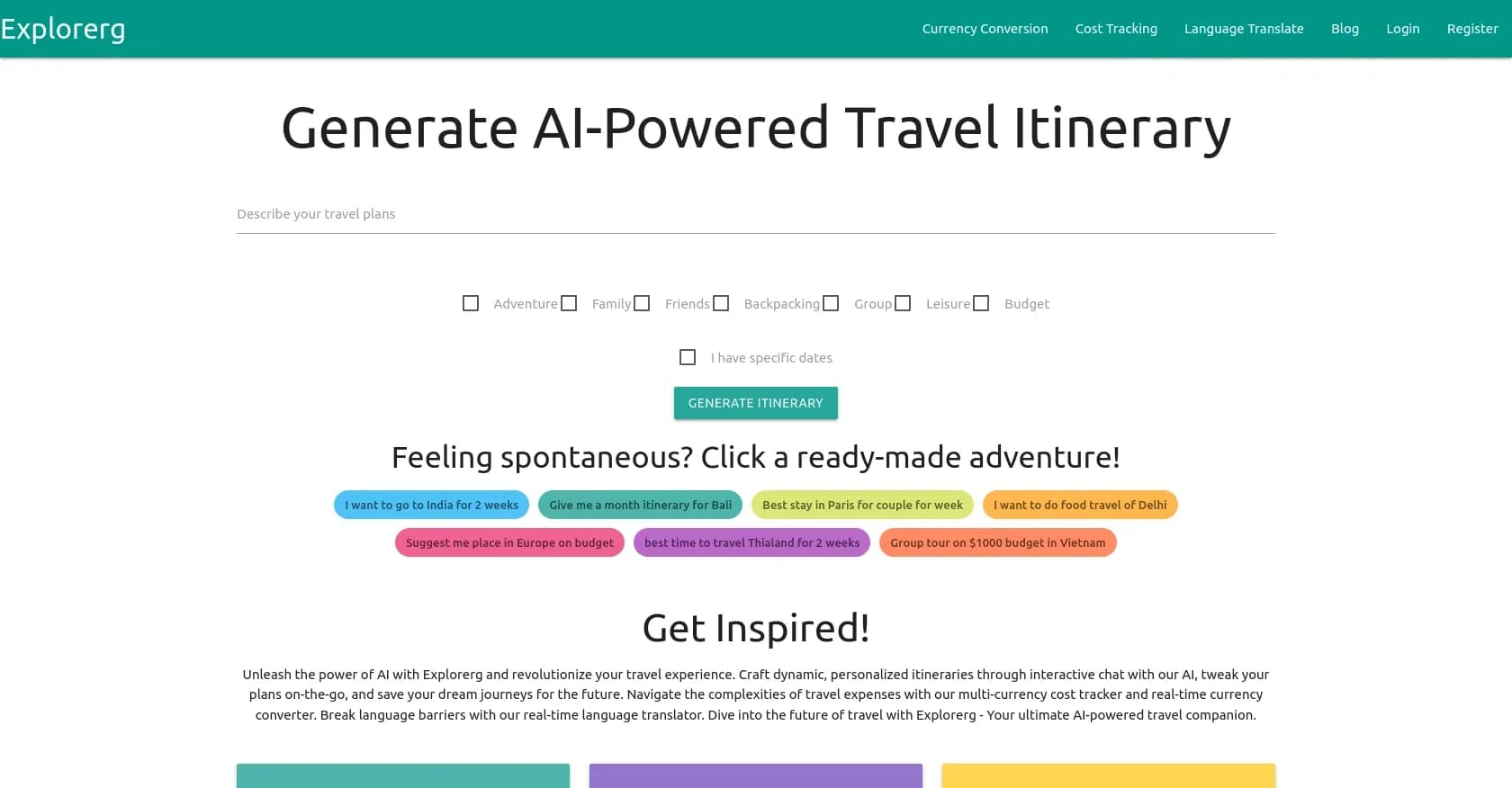 Explorerg homepage screenshot — AI-powered travel planning for personalized adventures