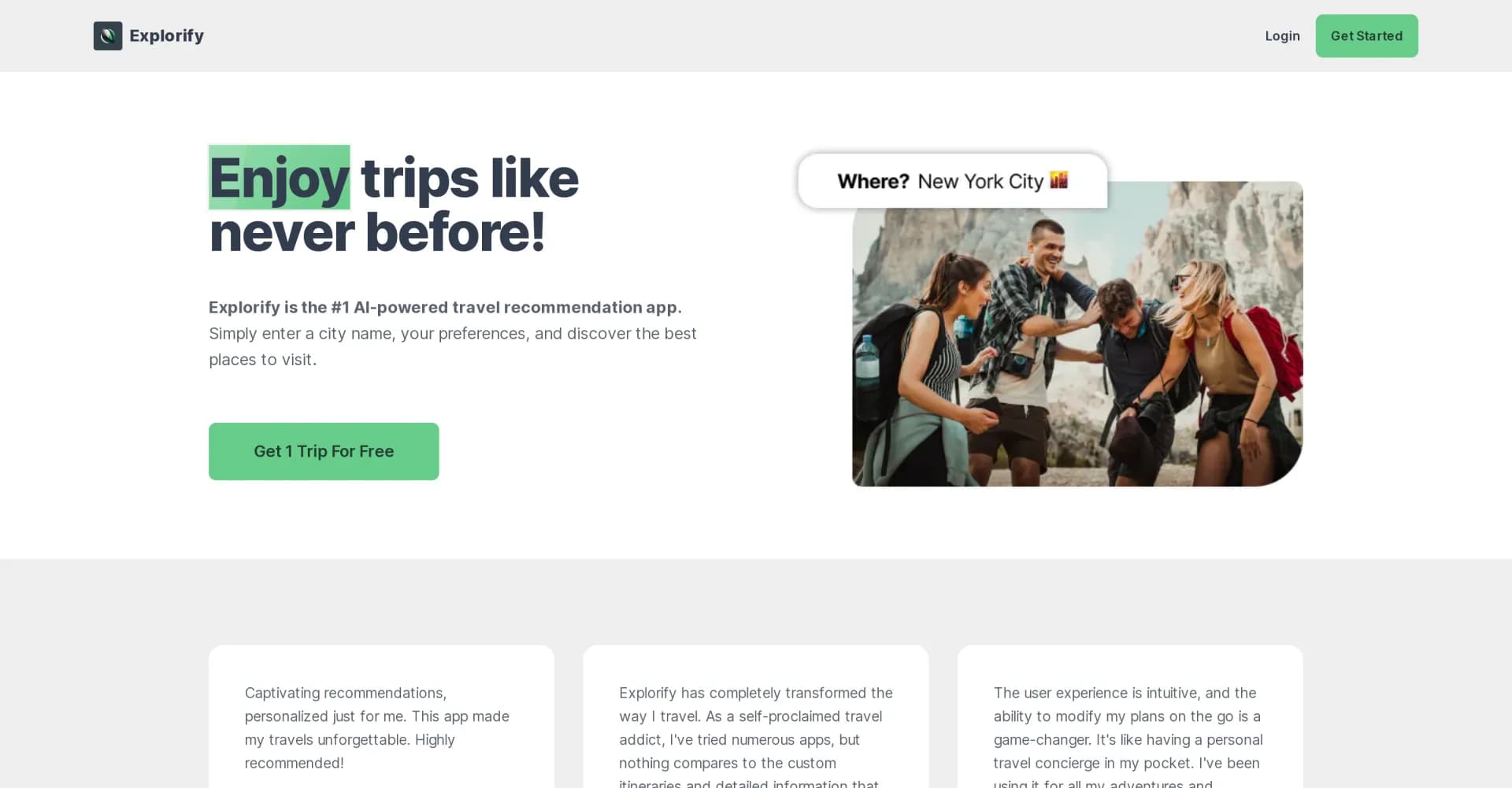 Explorify homepage screenshot — AI-powered app for personalized travel recommendations