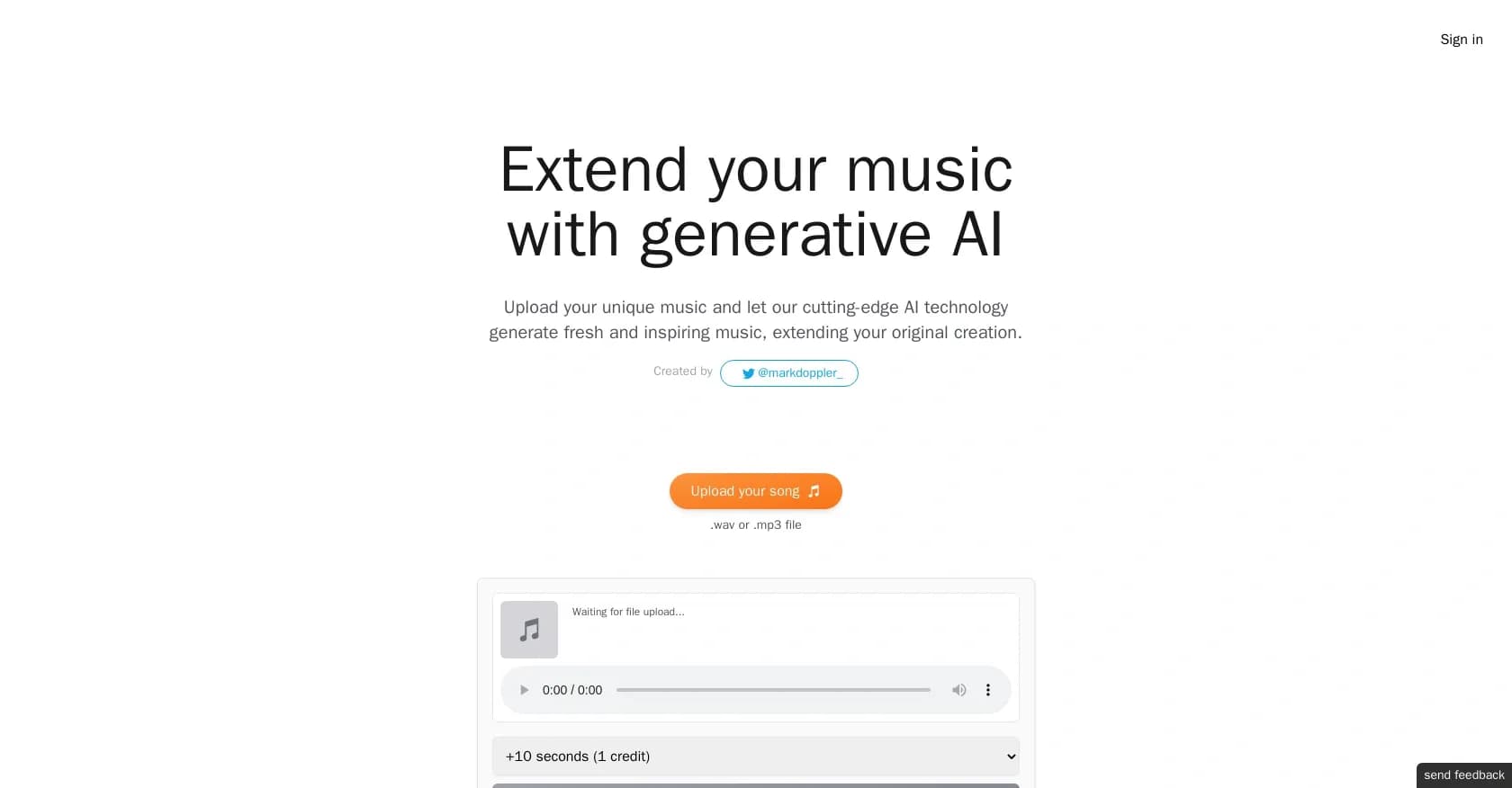 Extend music homepage screenshot — Amplify your music with AI-generated extensions.
