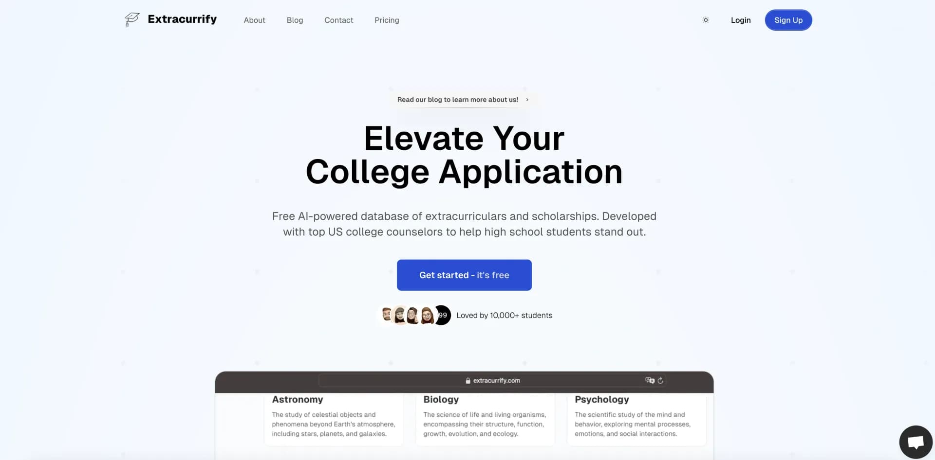 Extracurrify homepage screenshot — AI-powered college prep for standout applications