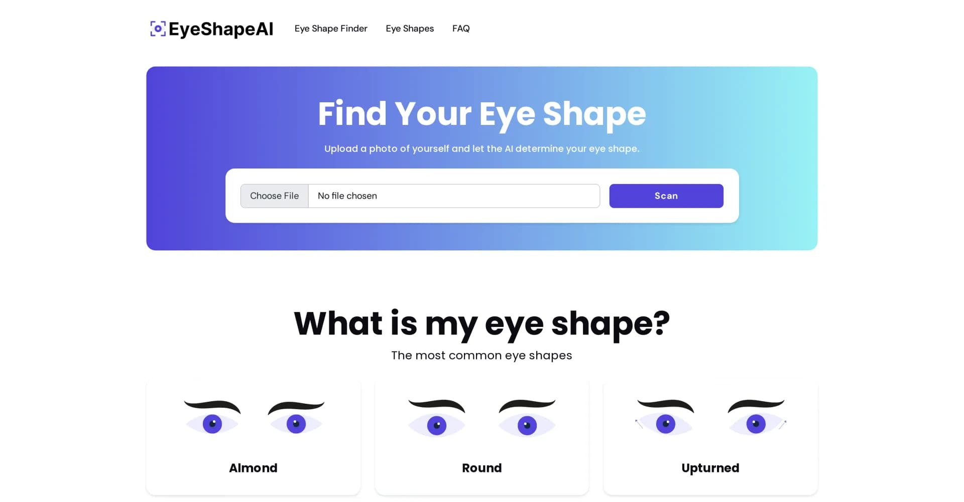 Eye-Shapes.com homepage screenshot — AI-powered eye shape analysis in seconds
