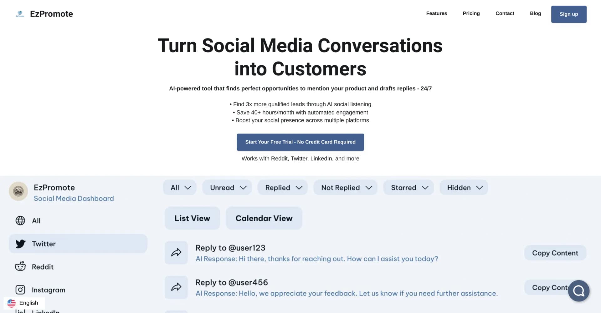 EzPromote homepage screenshot — AI-powered social marketing automation for business growth.