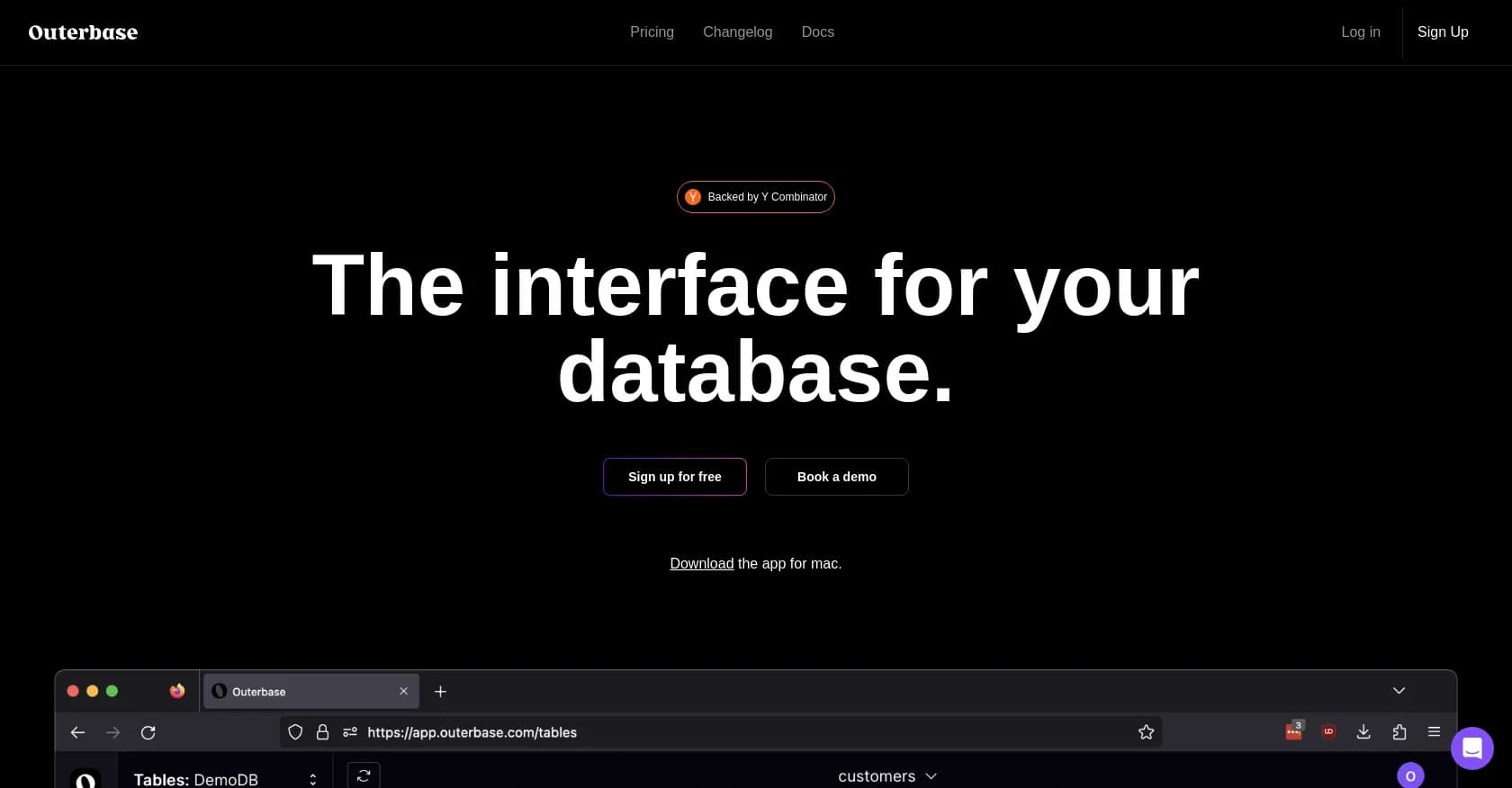 EZQL homepage screenshot — The interface for your database.