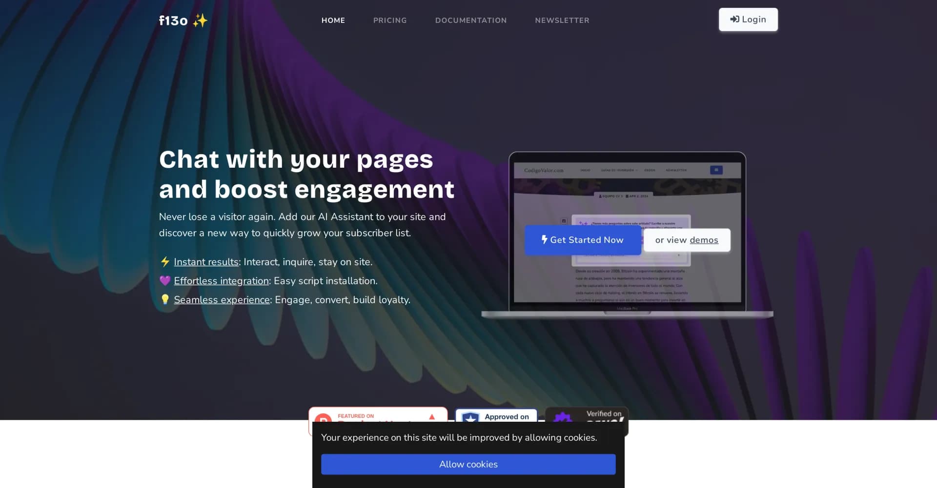 f13o homepage screenshot — AI assistant to boost subscriber growth.
