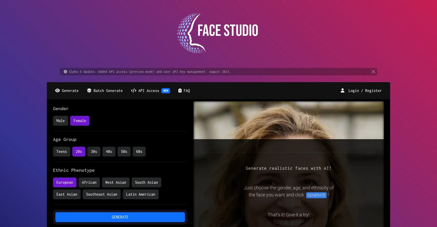Face Studio homepage screenshot — Create realistic AI faces in seconds