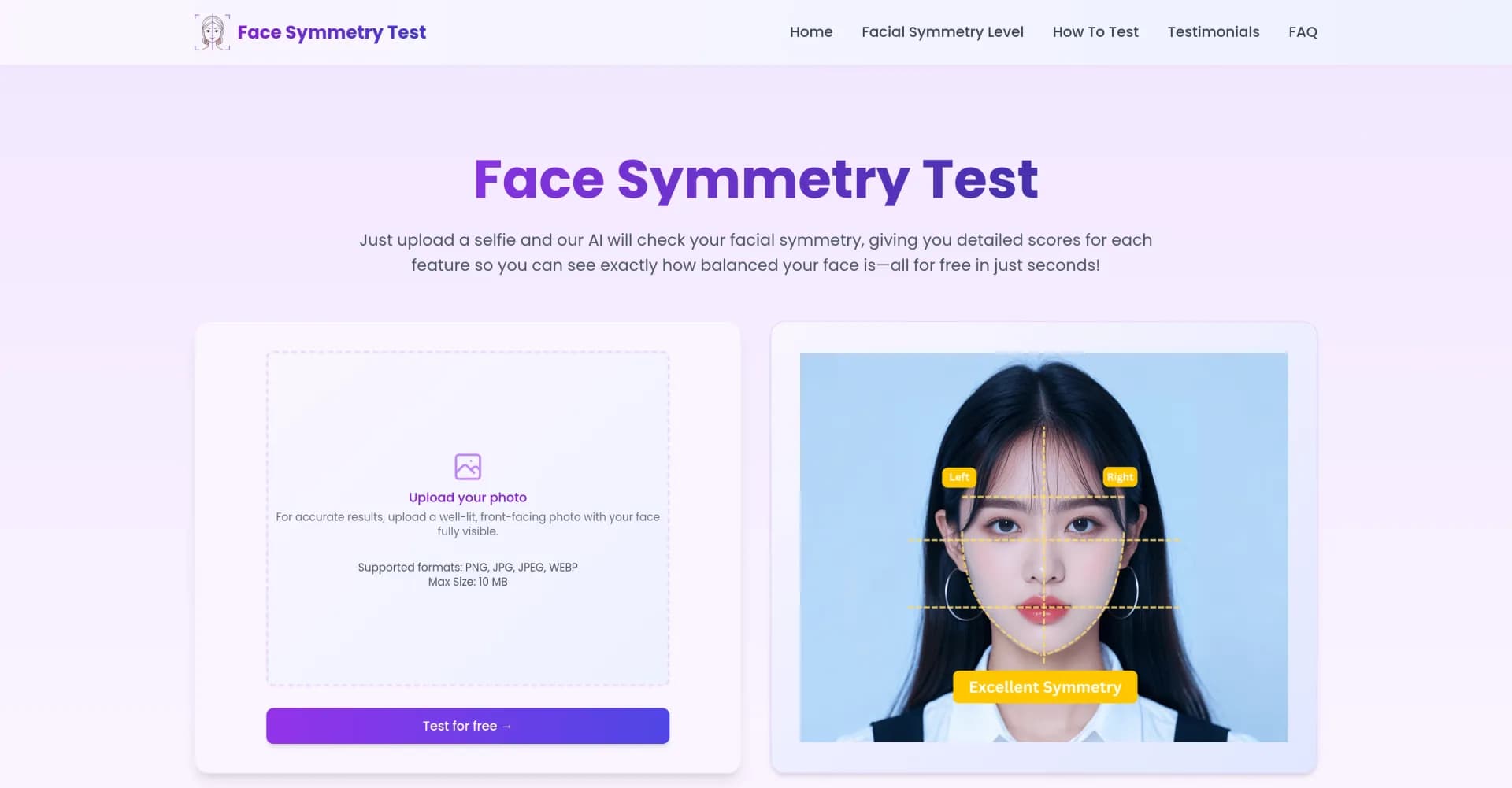 Face Symmetry Test homepage screenshot — AI analyzes facial symmetry in seconds from a selfie.