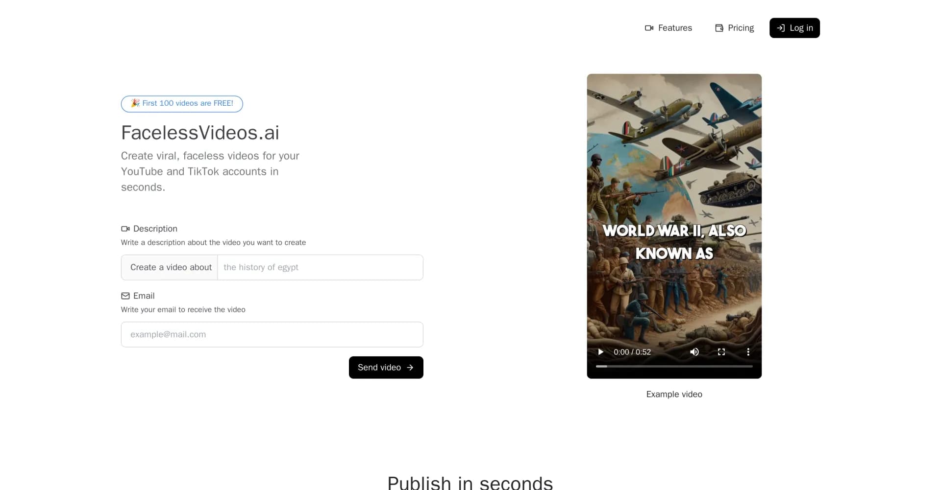 FacelessVideos.AI homepage screenshot — Create viral faceless videos in seconds.