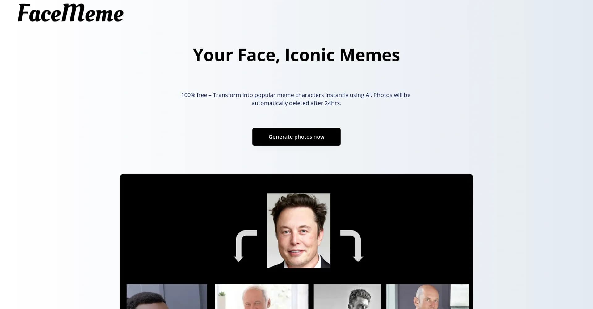 FaceMeme homepage screenshot — Transform into meme characters with AI.