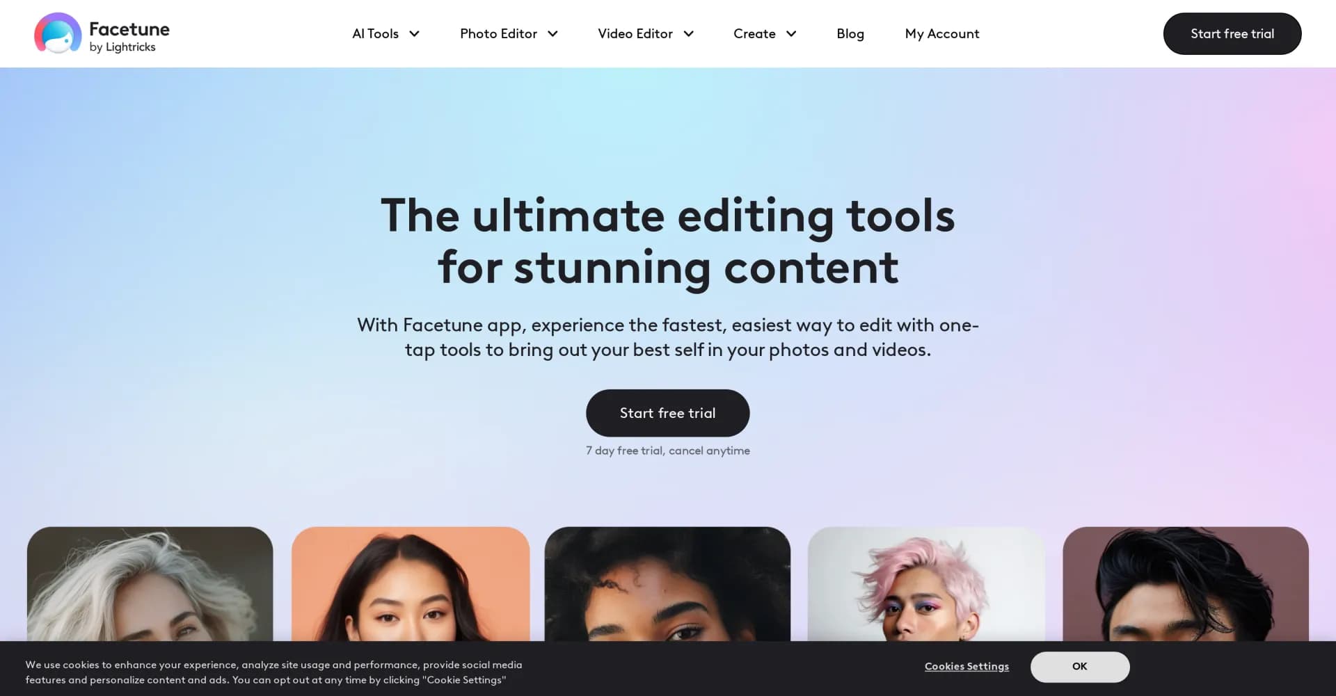 Facetune homepage screenshot — Level up your photos and videos with AI-powered editing.