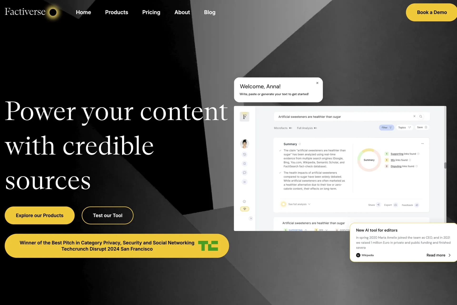 Factiverse homepage screenshot — Detect and verify claims in AI or human-generated text.