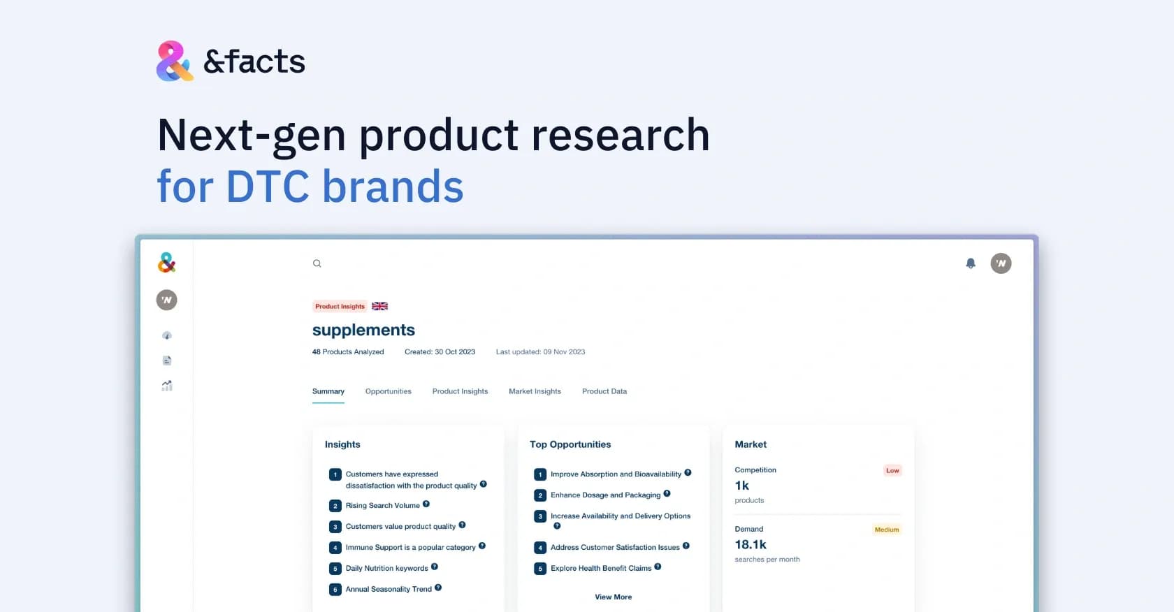 &facts homepage screenshot — Analyze market signals for real-time consumer insights.