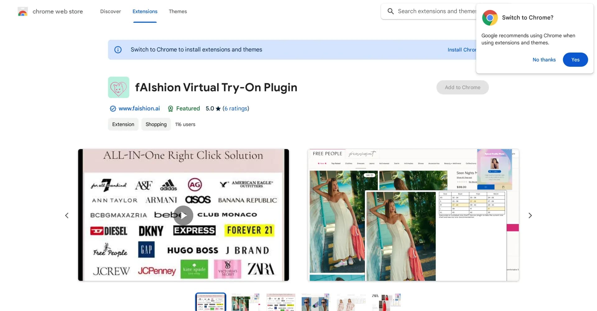 fAIshion homepage screenshot — Virtual Try-On on right-click