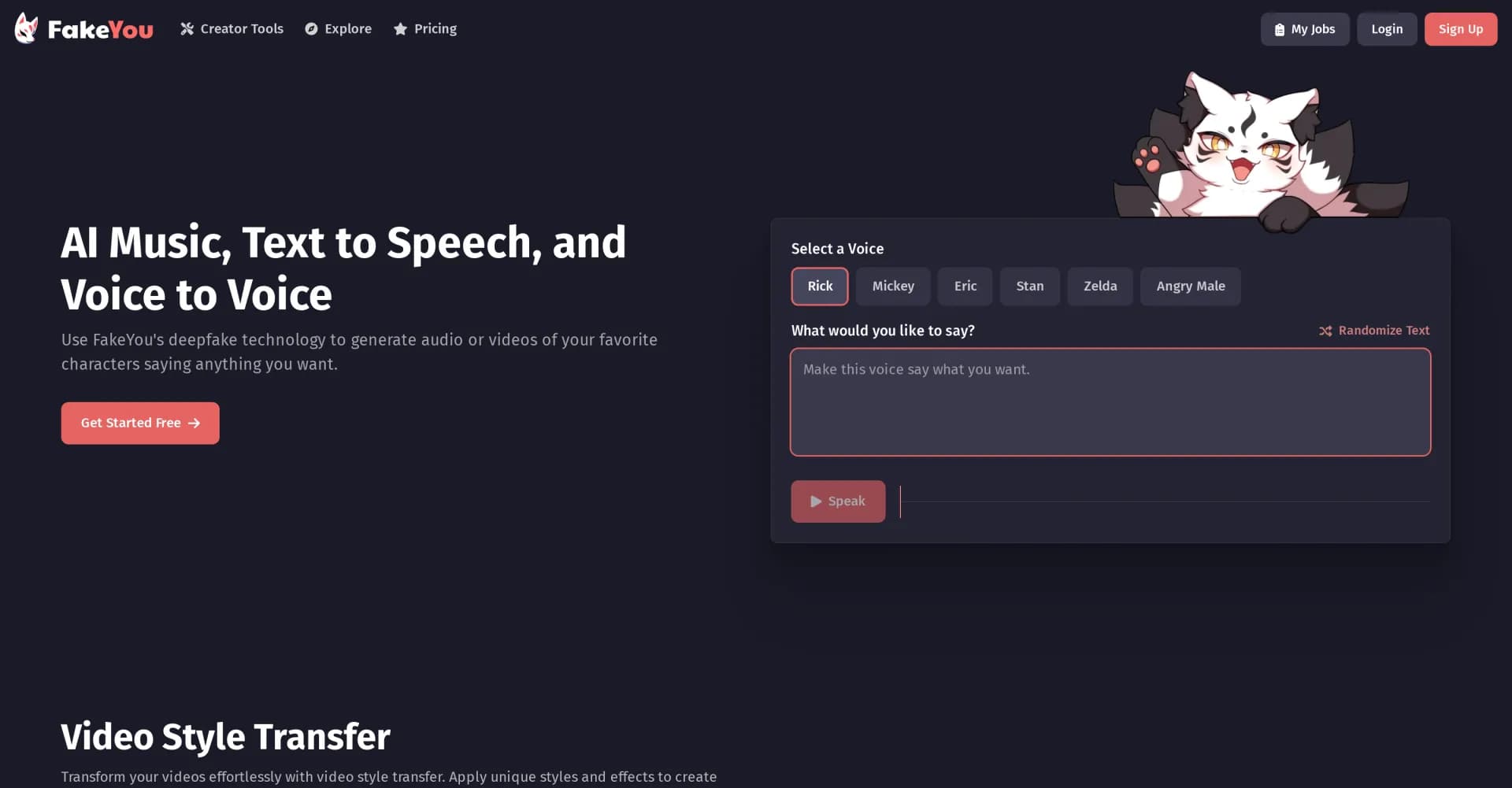 FakeYou homepage screenshot — Turn text into voices from your dreams.