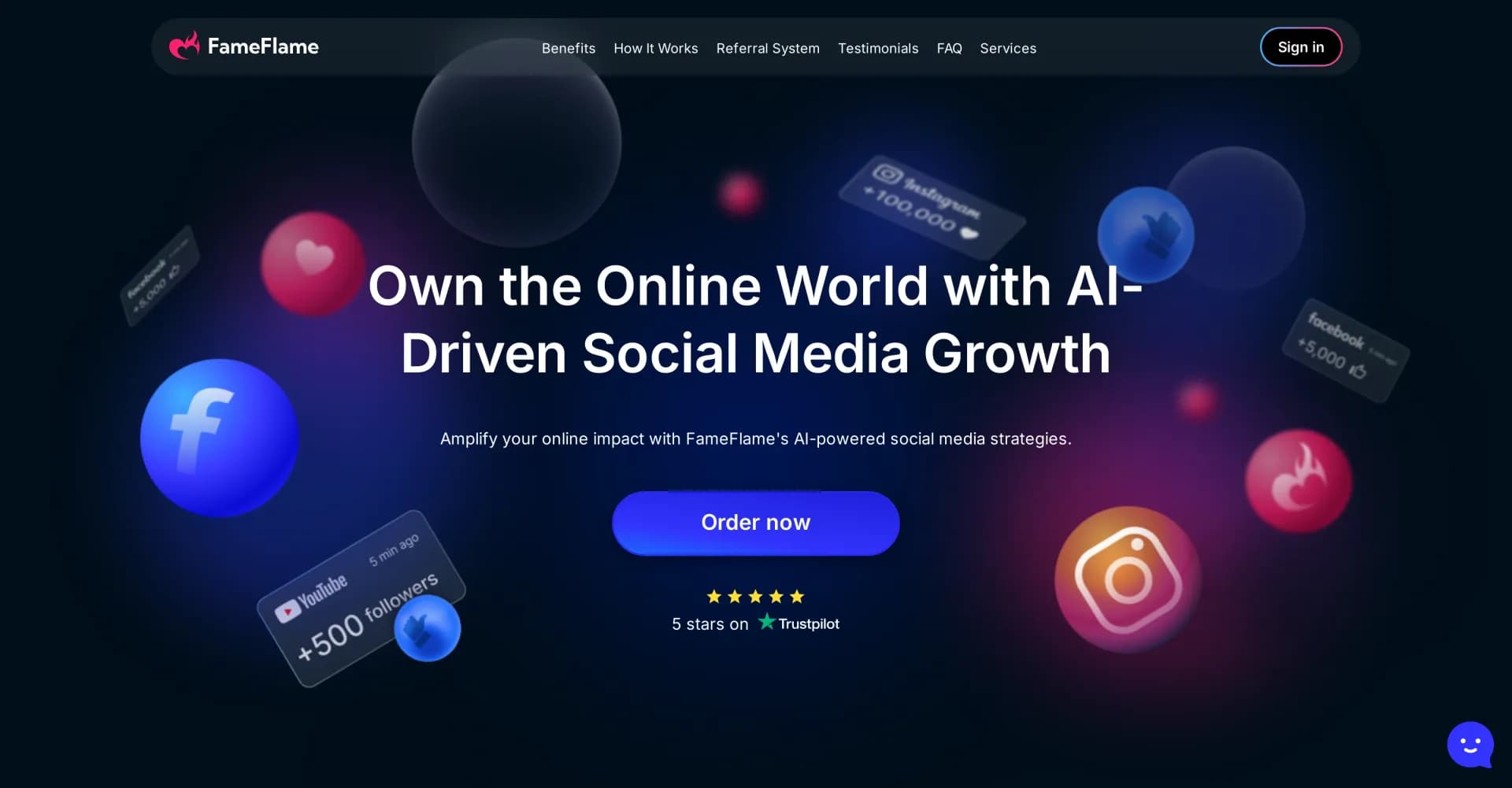 FameFlame homepage screenshot — 🚀 Supercharge Your Social Media Growth