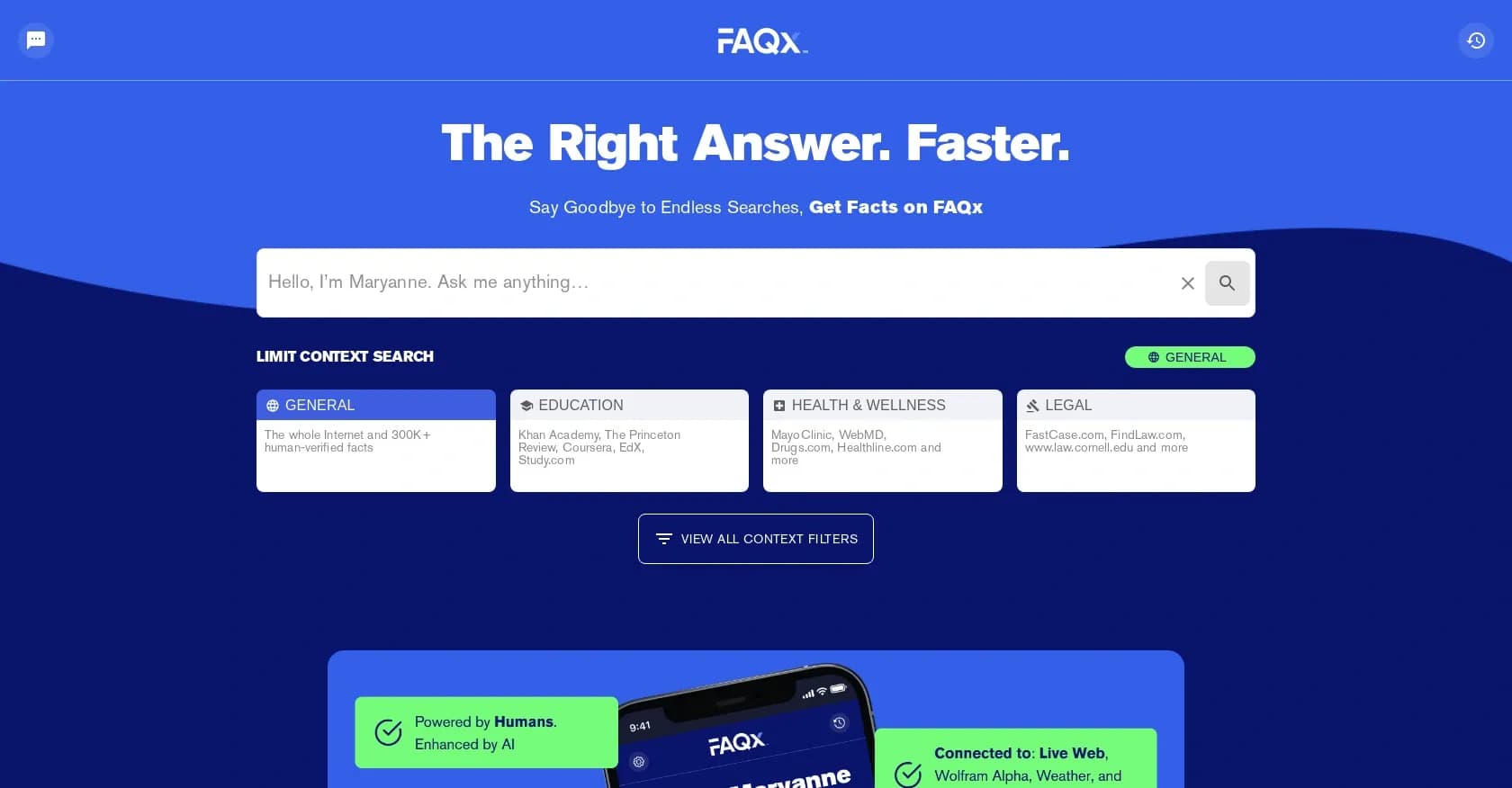 Faqx homepage screenshot — Get the right answer faster