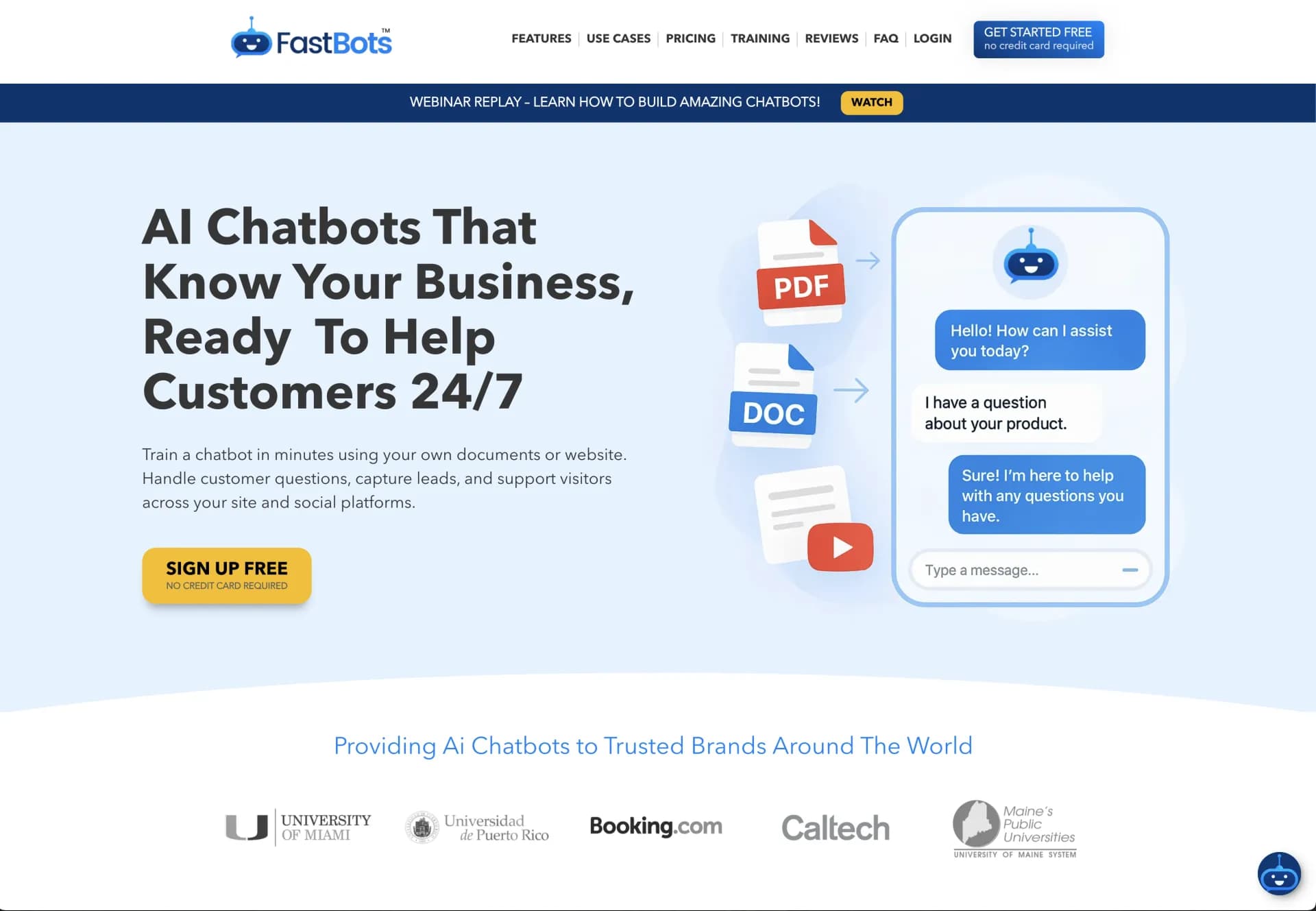 FastBotsv2.5 homepage screenshot — Create AI chatbots customized with your business data.