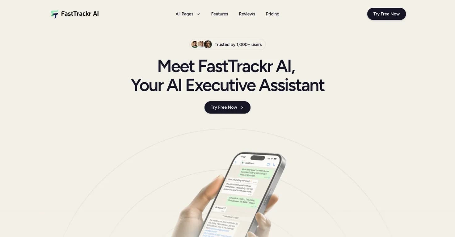 FastTrackr AI homepage screenshot — Your AI employee: handles everything, effortlessly