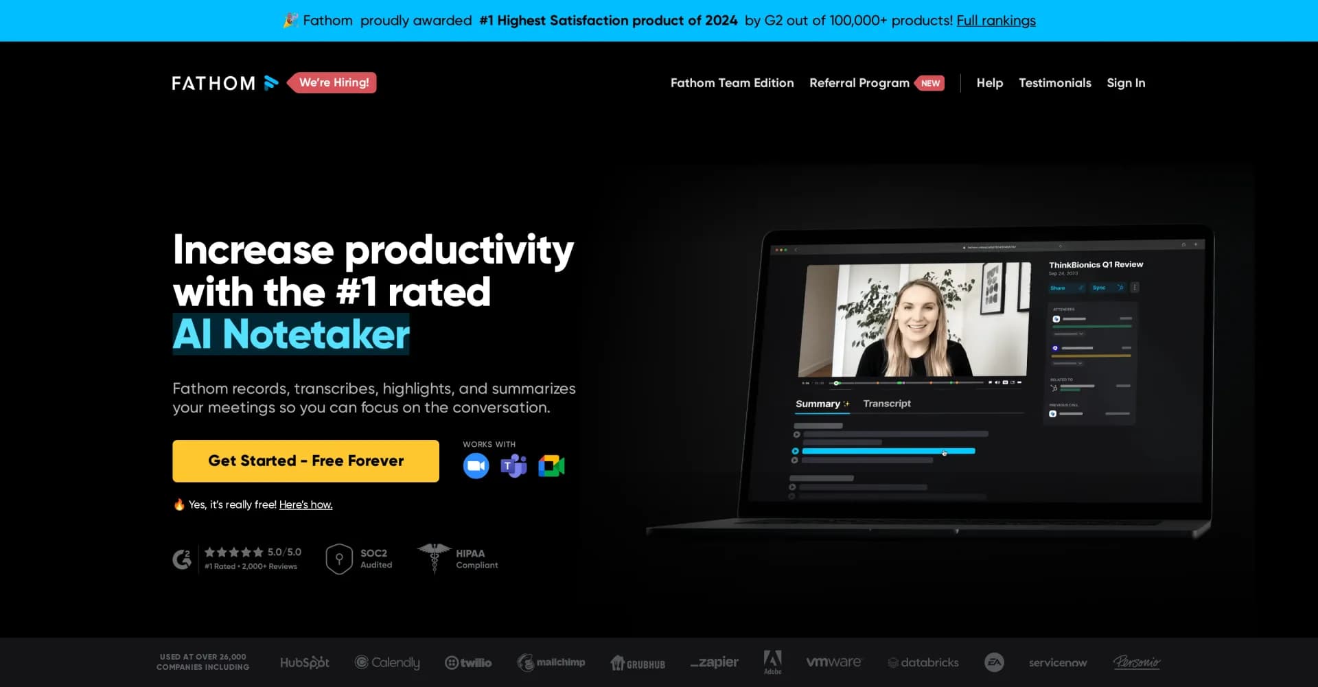 Fathom 2.0v2.5 homepage screenshot — Never take notes again - AI summarizes your meetings.