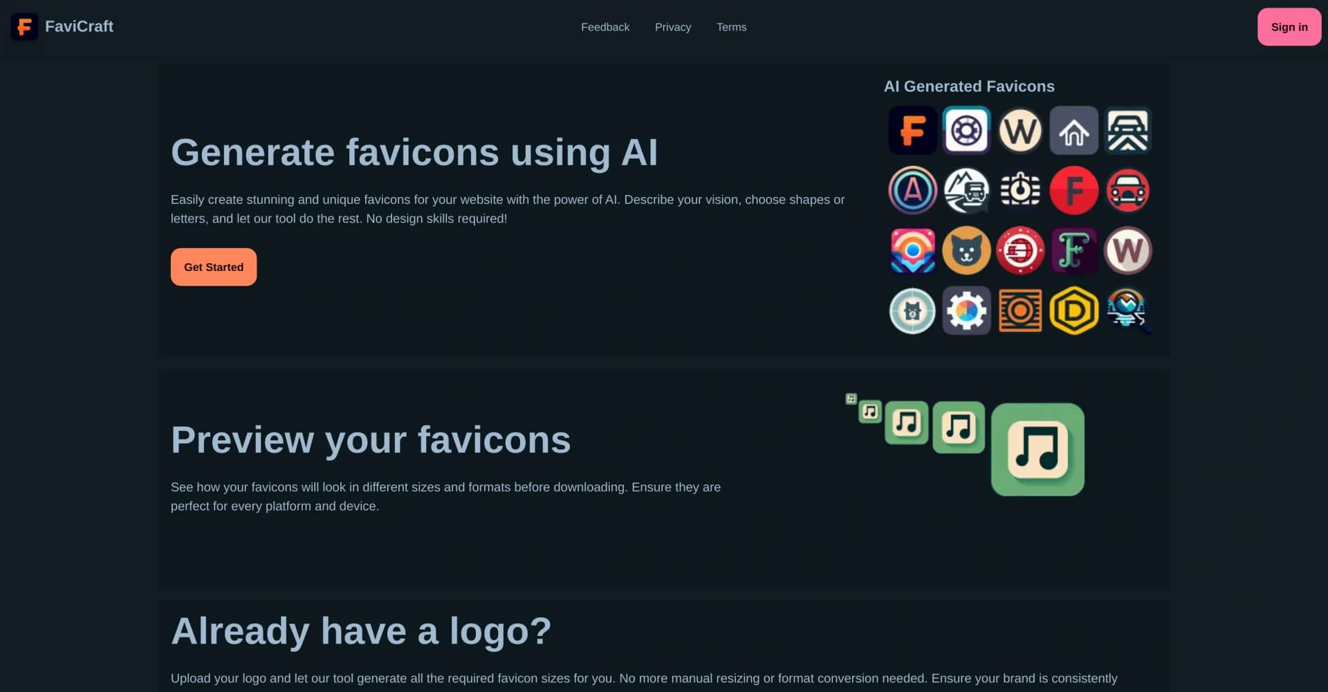 FaviCraft homepage screenshot — Create stunning website favicons with AI