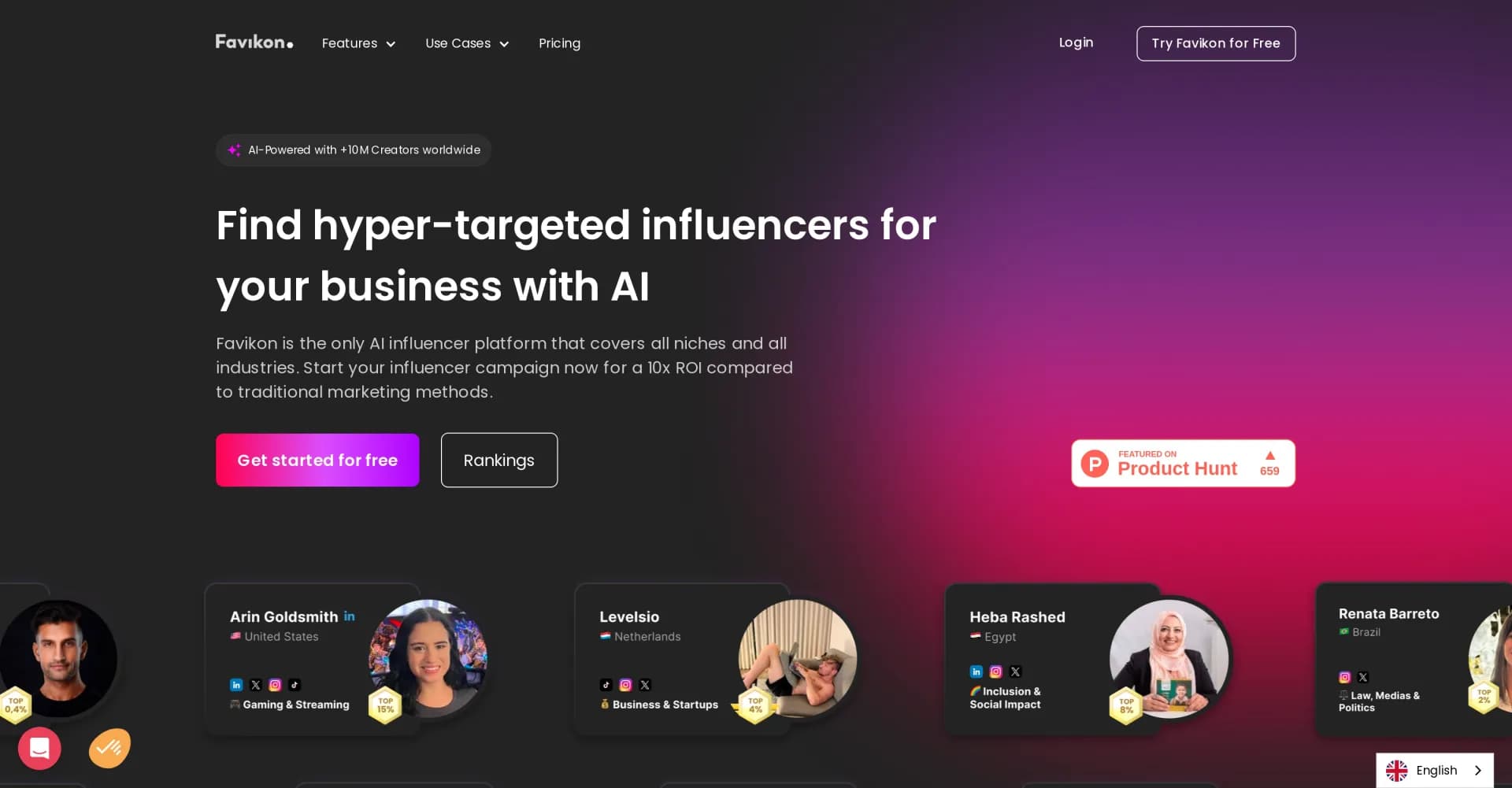 Favikon homepage screenshot — AI-powered Influencer Marketing for all niches.