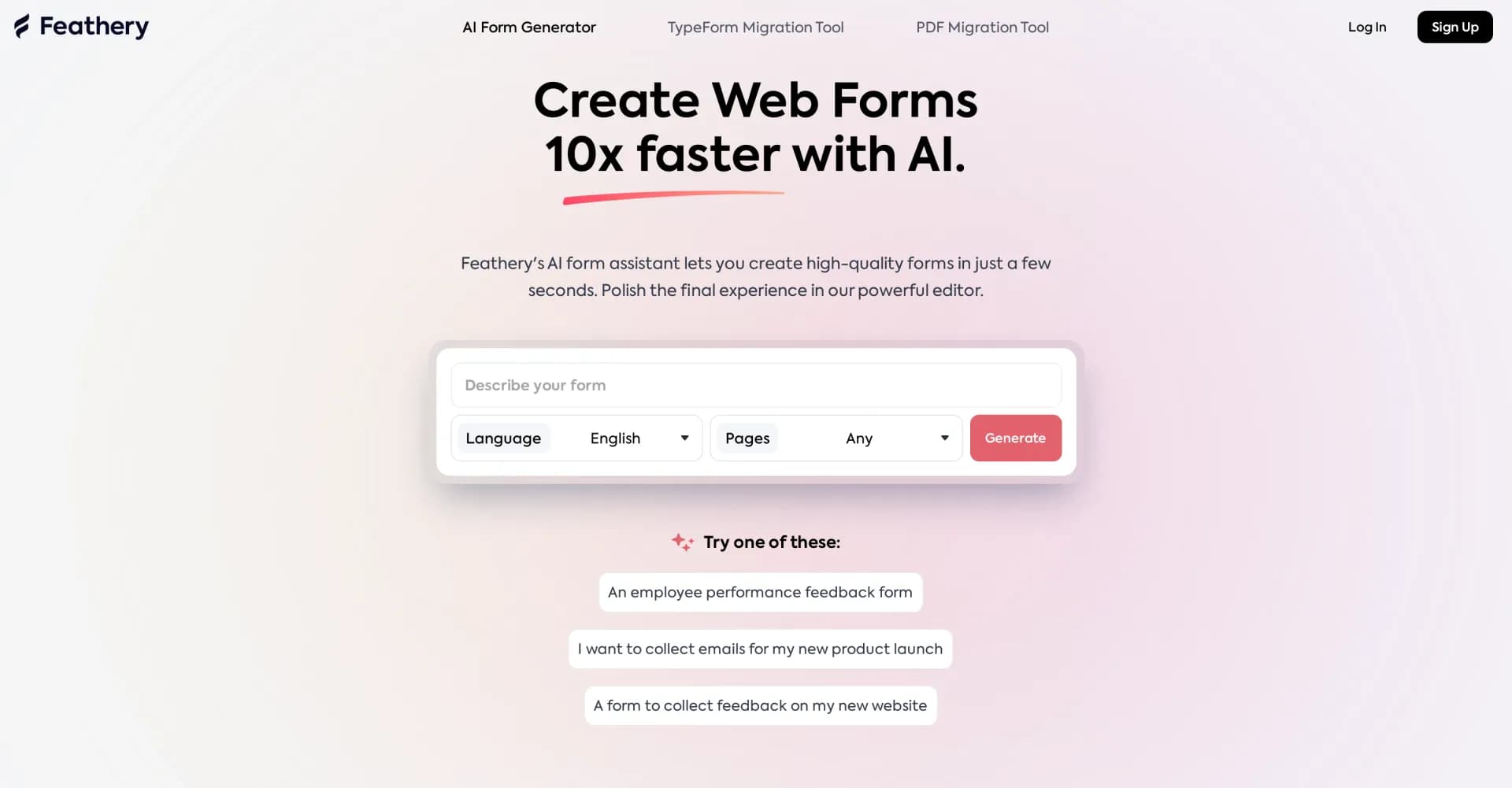 Feathery homepage screenshot — Build high-quality forms in seconds with AI