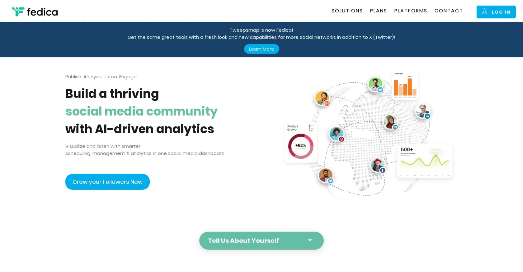 Fedica homepage screenshot — AI-driven social media management and analytics platform.
