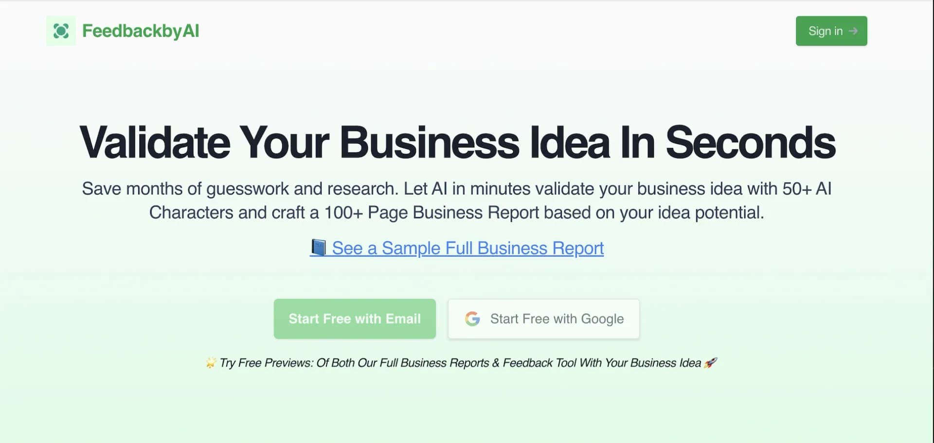 Feedback by AI homepage screenshot — Validate Your Business Idea in Seconds
