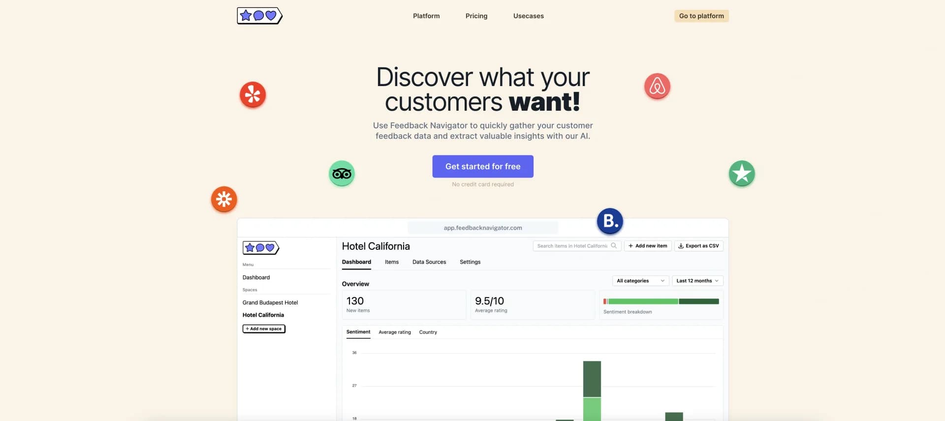 Feedback Navigator homepage screenshot — Extract valuable insights from customer feedback with AI