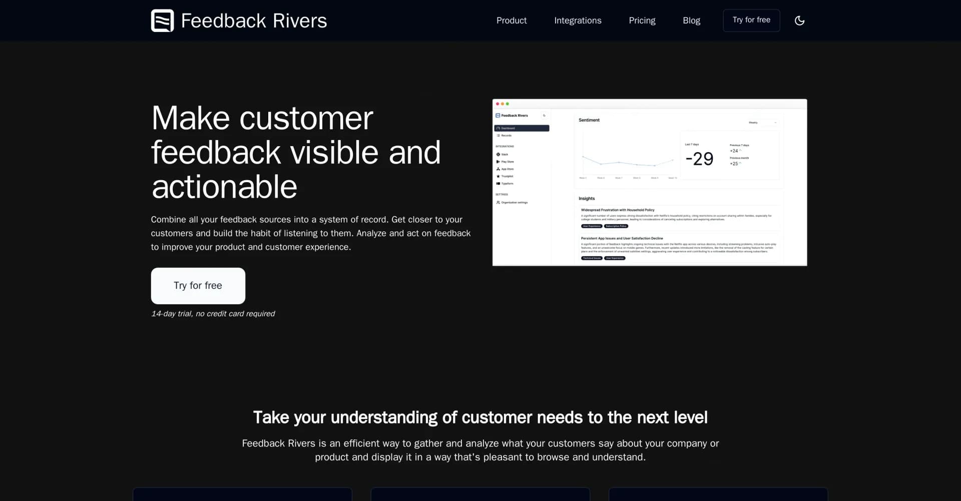 Feedback Rivers homepage screenshot — Combine feedback sources into actionable insights.