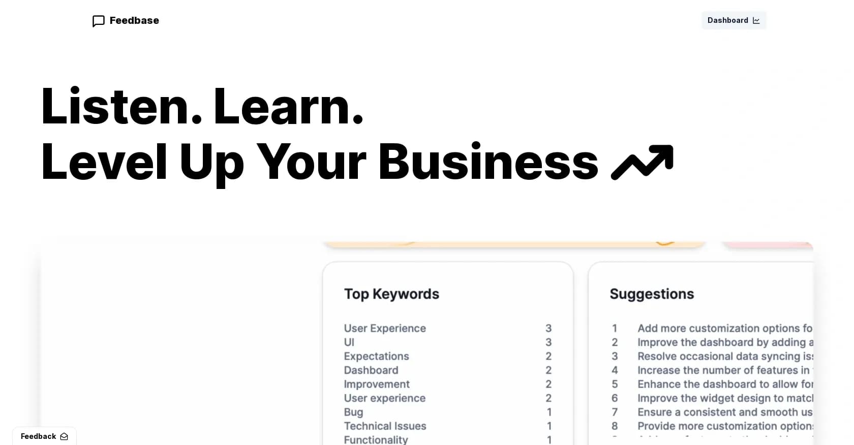 Feedbase homepage screenshot — Listen, learn, and level up your business with customer feed
