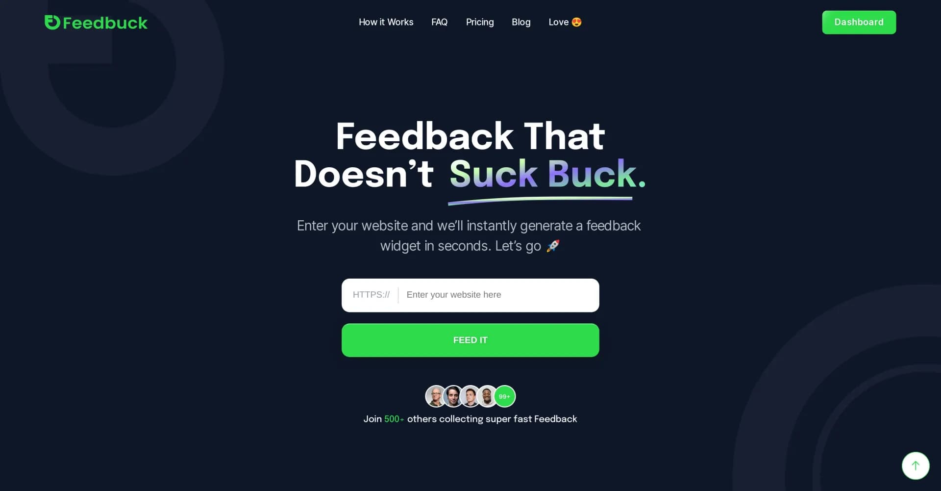 Feedbuck AI homepage screenshot — Collect lightning-fast product feedback with AI.
