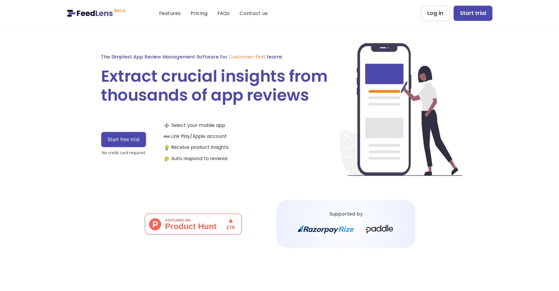 FeedLens homepage screenshot — AI-powered app review management for customer-first teams.