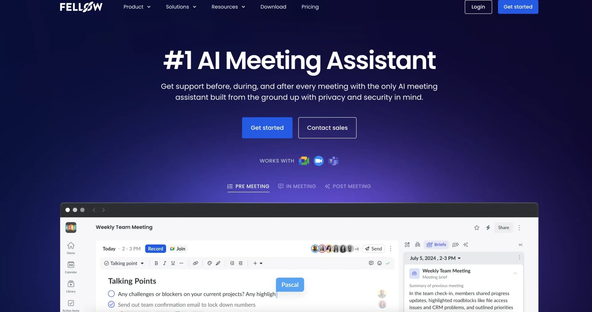 Fellow.app homepage screenshot — The #1 AI Meeting Assistant