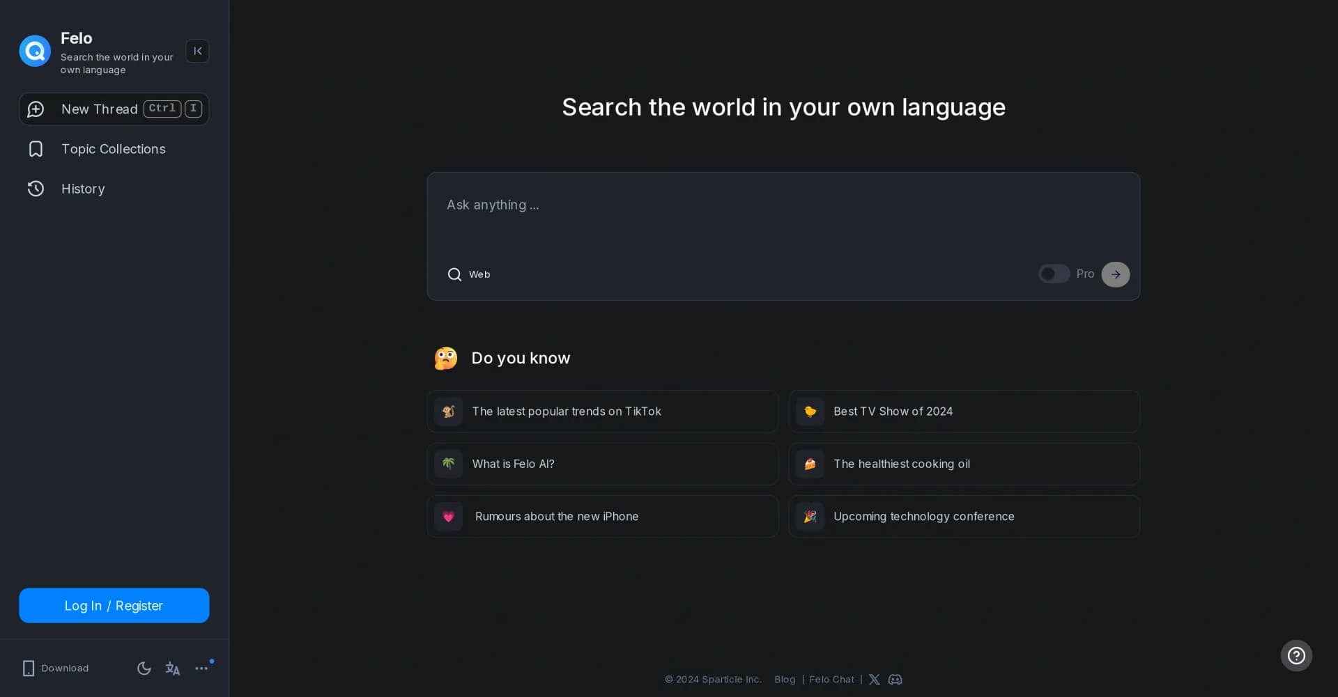Felo homepage screenshot — Break language barriers with AI-powered global search.