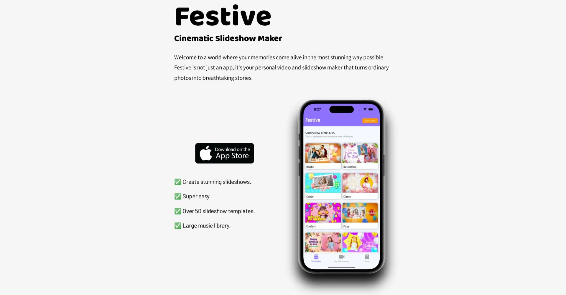 Festive Slideshow Maker homepage screenshot — Transform photos into breathtaking stories