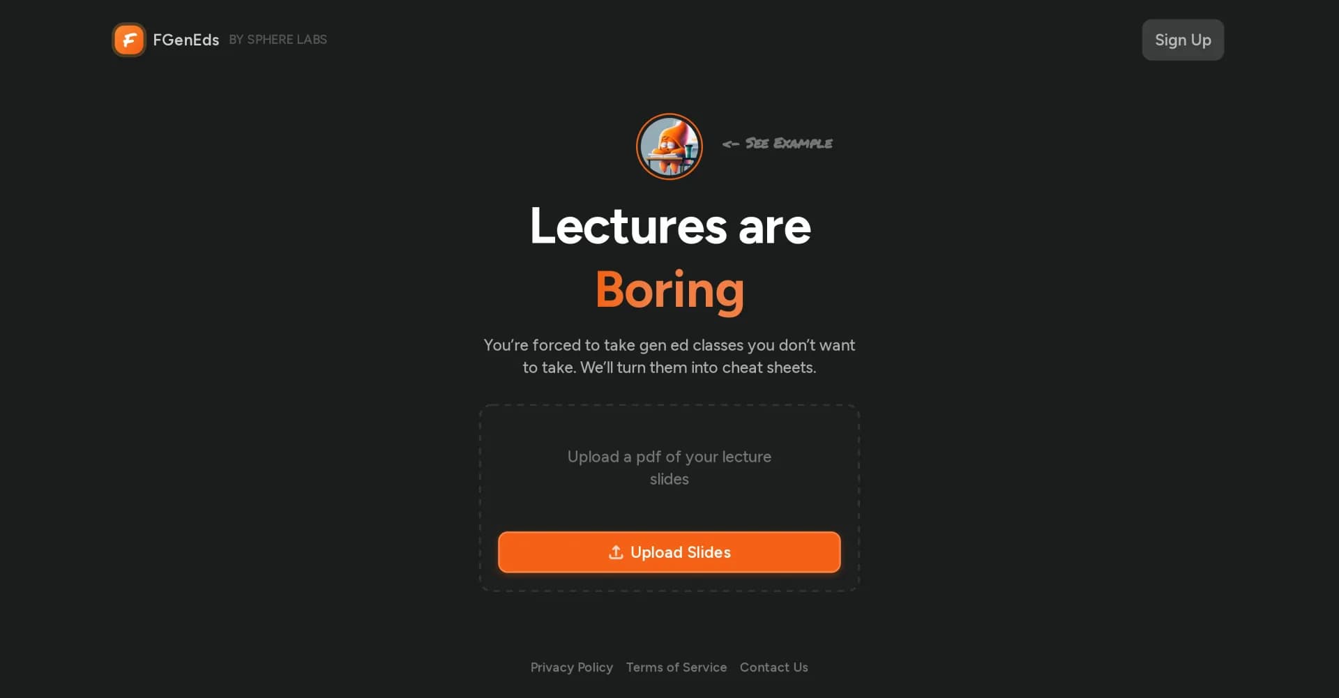 FGenEds homepage screenshot — Turn boring lectures into cheat sheets instantly.