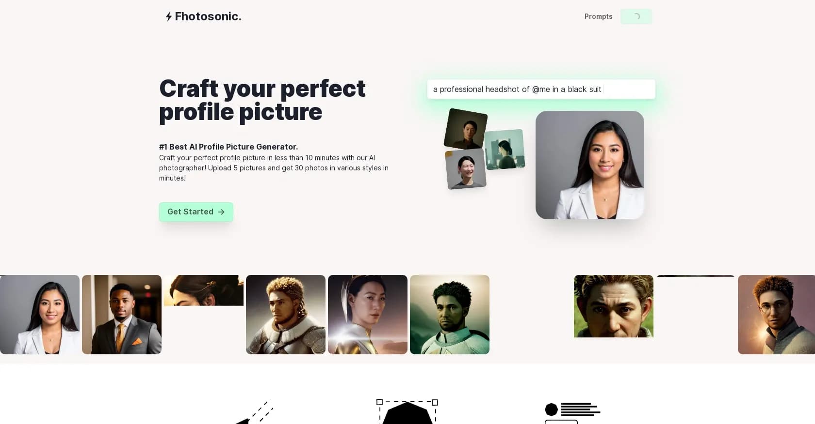 Fhotosonic homepage screenshot — Craft perfect profile pictures with AI