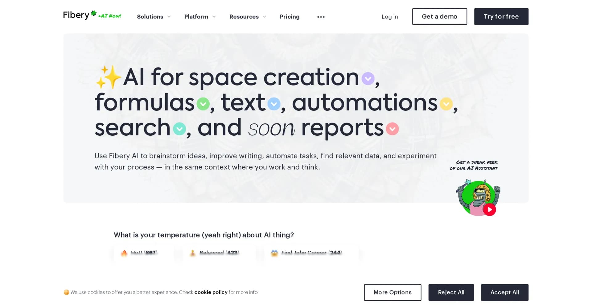 Fibery AI homepage screenshot — AI assistant for brainstorming, writing, and automating work