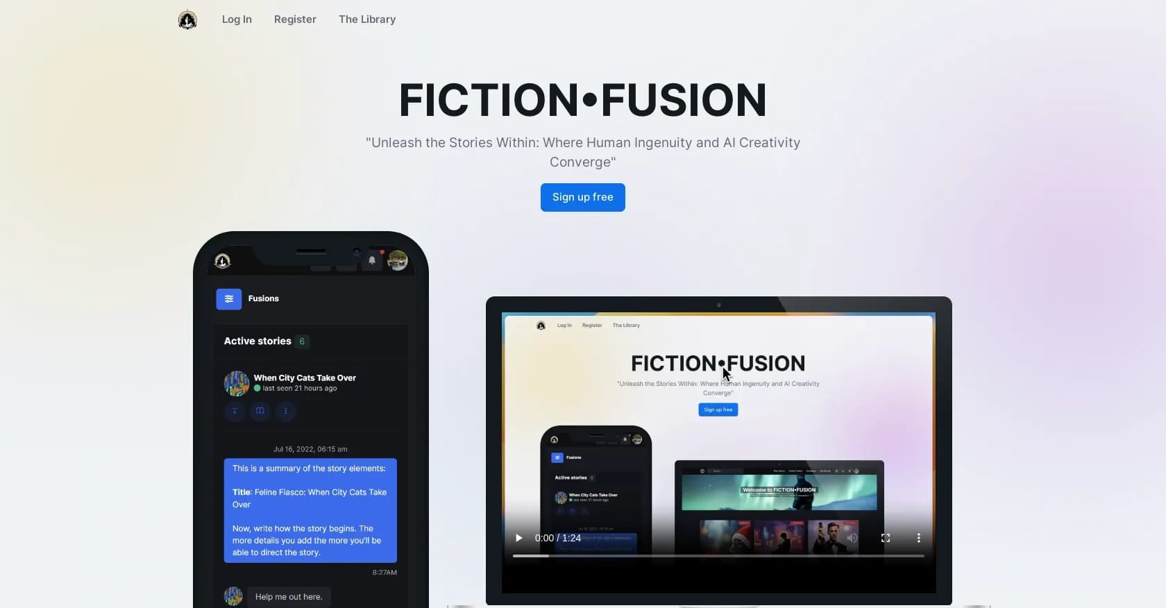 Fiction Fusion homepage screenshot — Unleash stories: Human ingenuity meets AI creativity