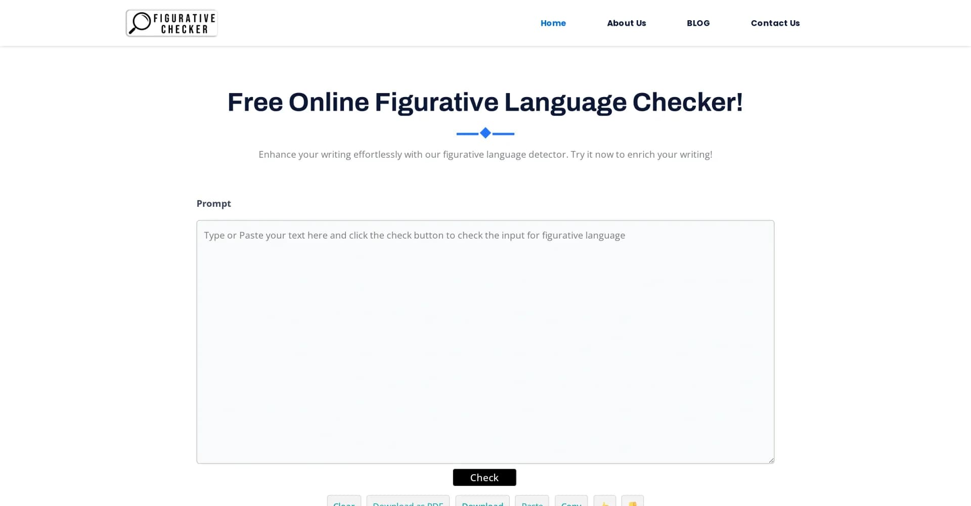 Figurative Checker homepage screenshot — Elevate your writing with AI-powered figurative language det